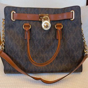 Michael Kors MK Brown/Camel Coated Canvas Leather Hamilton Tote Bag with Chain